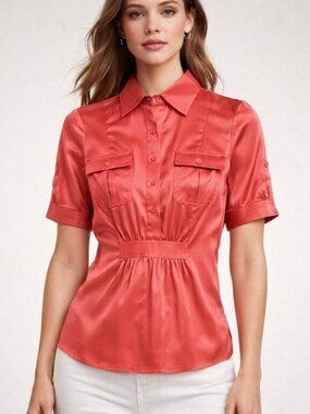 BCBG Coral Peach Geranium Silk Shirred Button-Down Blouse TOP XS